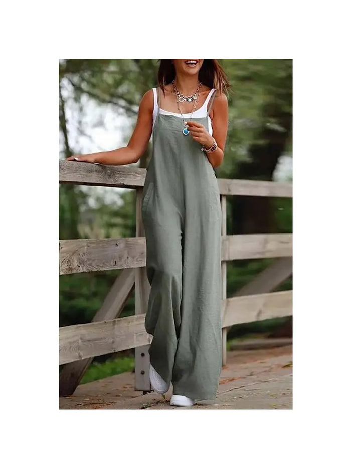 Molly Suspender Jumpsuit, flowy, comfy, loose, sleeveless, pockets, wide leg 