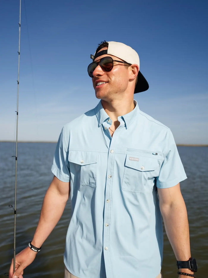 Performance Fishing Shirt - Dusty Blue, button up, short sleeve, pockets, moisture wicking, collard, summer, spring, lake