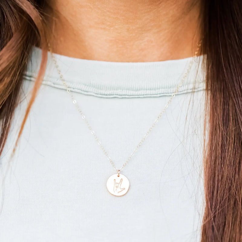 'I Love You' Sign Language Disc Necklace - Hypoallergenic 14k gold filled