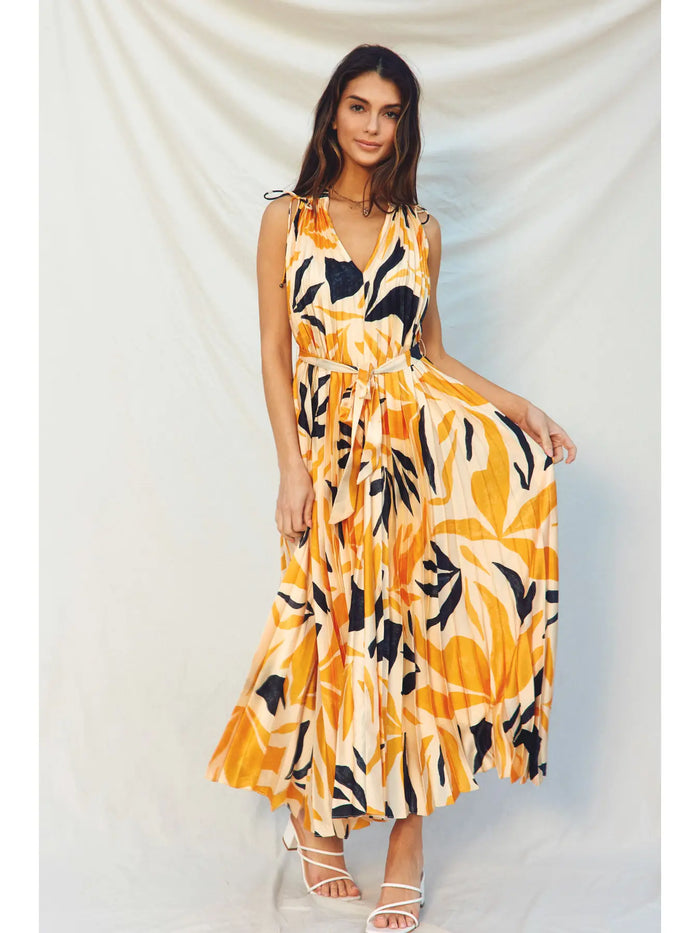 Malibu Plunging Satin Pleated Maxi Dress, tie, black, yellow, orange, v neck, strapless, summer, spring