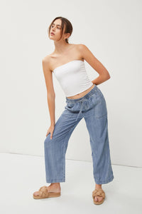 Chambray Denim Wash Drawstring Wide-Leg Pants