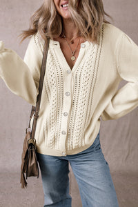 Cream Pleated Sleeve Hollow Detail Button Sweater Cardigan