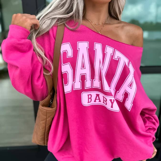 Santa Baby Sangria Off Shoulder Graphic Crewneck