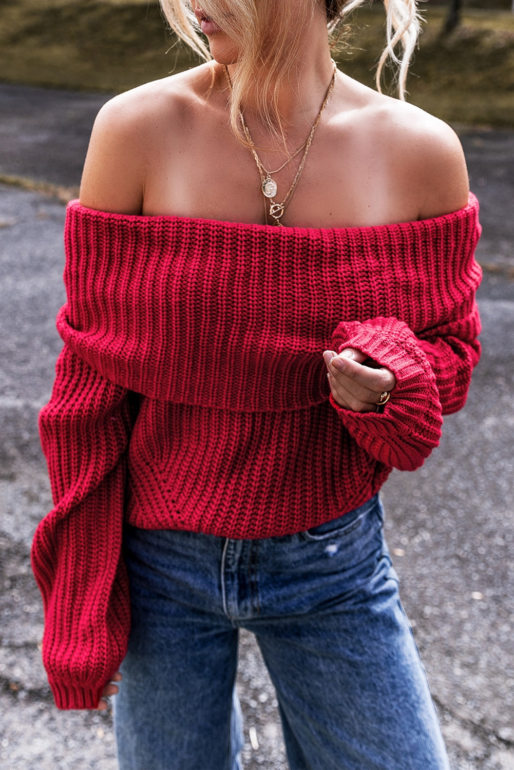 Red Off-The-Shoulder Knit Sweater