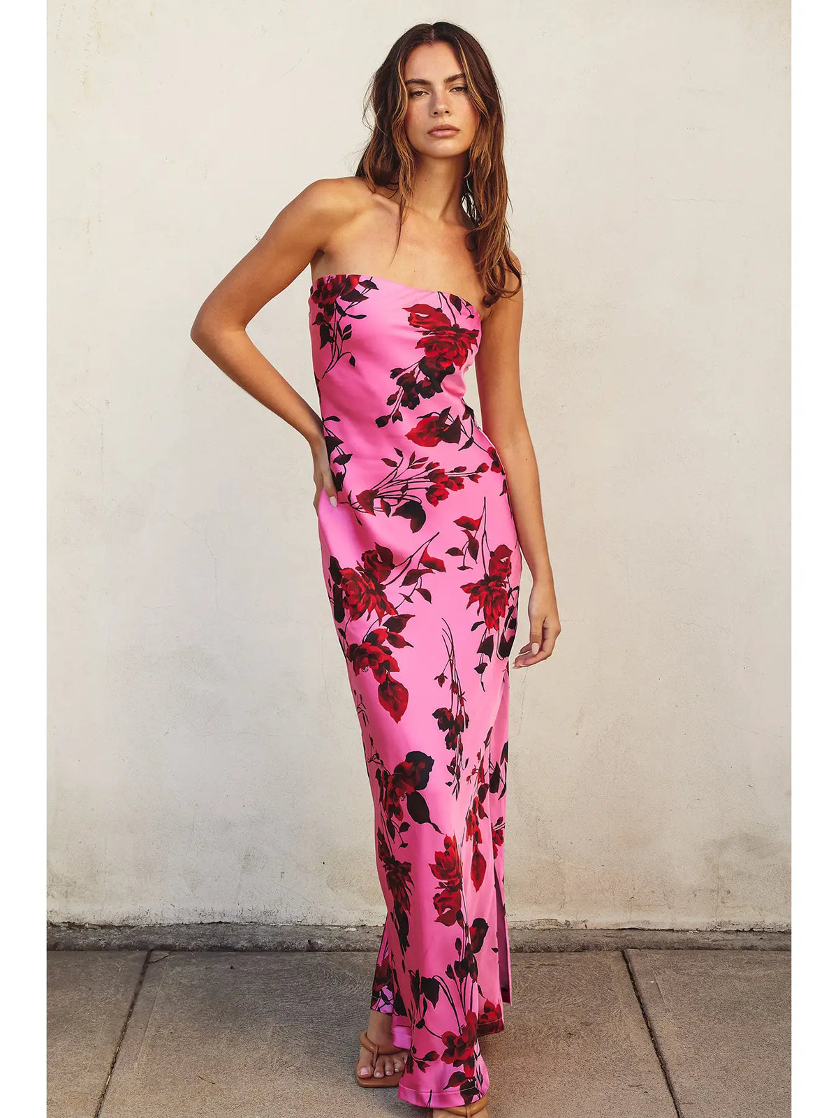 Potential Heartache Strapless Bias Cut Maxi Dress, pink, flower summer, side slit, strapless, red, silk