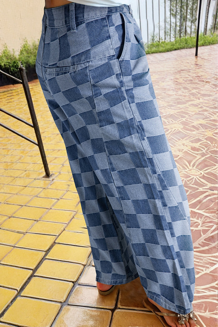 Checkered Denim Wide Leg Jeans