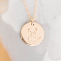 'I Love You' Sign Language Disc Necklace - Hypoallergenic 14k gold filled