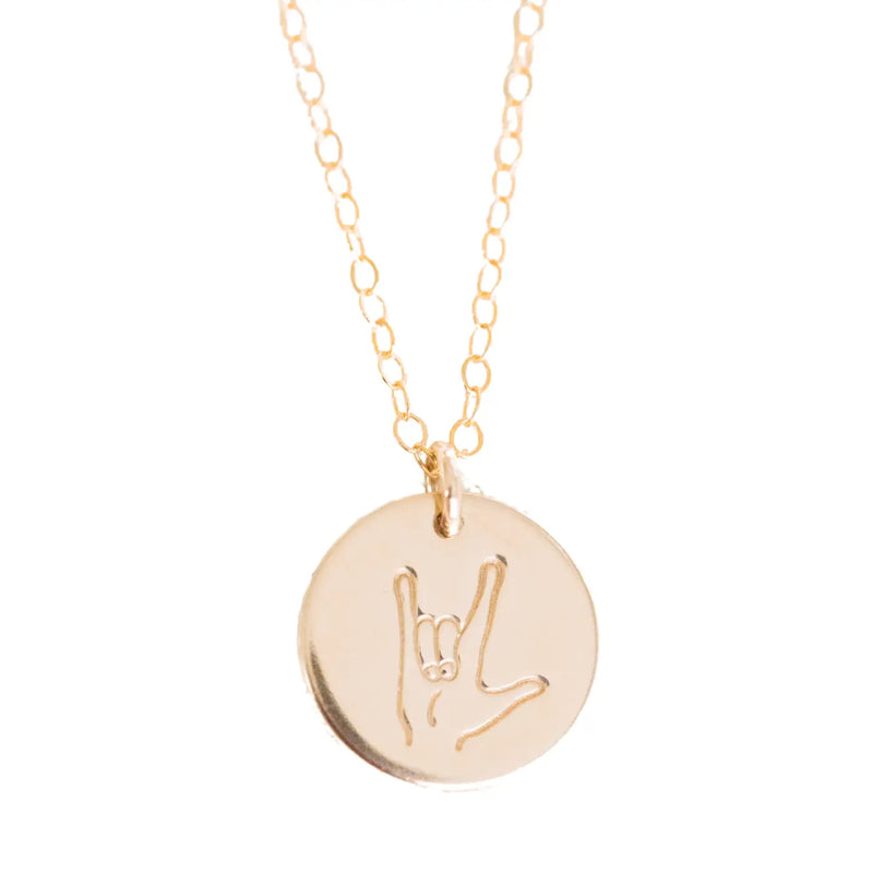 'I Love You' Sign Language Disc Necklace - Hypoallergenic 14k gold filled