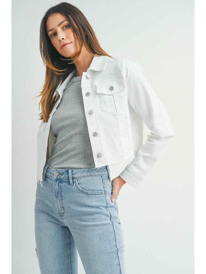 White Frayed Denim Jacket, distressed, layer, white, jean, denim, jean jacket, verastile, pockets