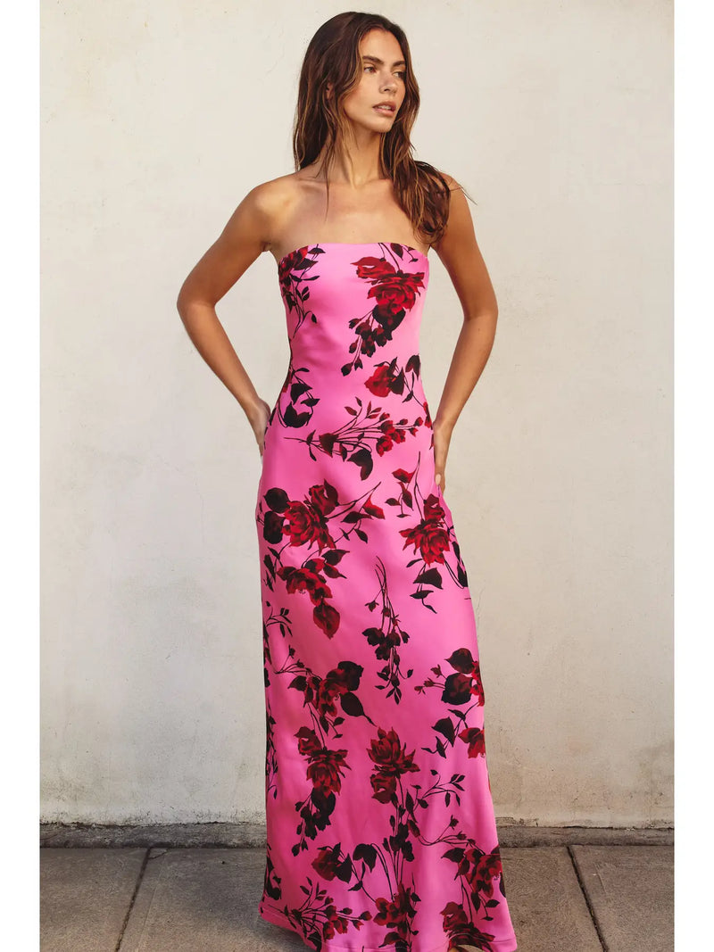 Potential Heartache Strapless Bias Cut Maxi Dress, pink, flower summer, side slit, strapless, red, silk