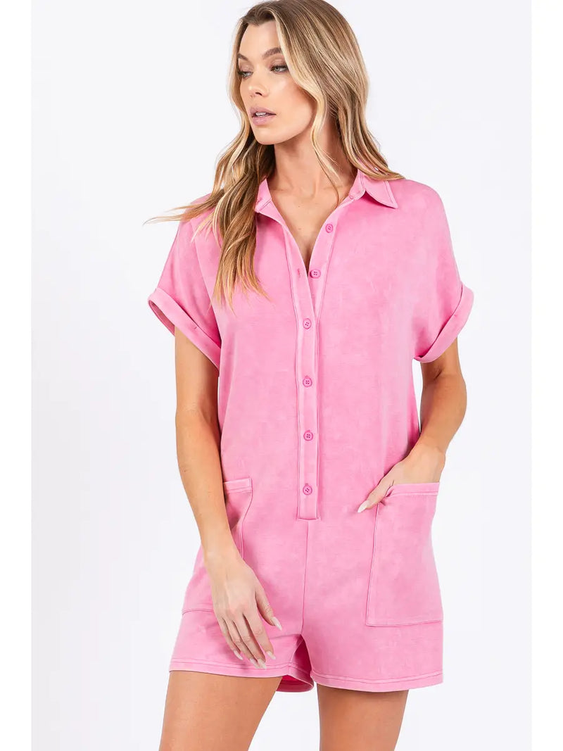 Winny Romper, pink, black, short sleeve, button, collar, pockets, comfy, super soft, cozy, spring, summer, casual