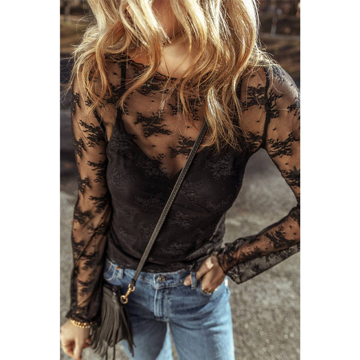 Grace Lace Mesh Crochet Long Sleeve Blouse