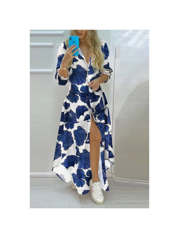 Gabi Shirt Dress, floral, blue, white, button, slit, sleeve, flowy