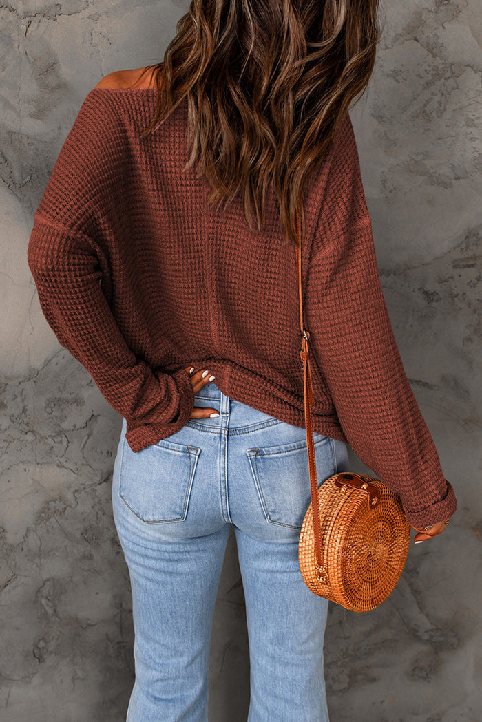 Chestnut Waffle Knit Loose Long Sleeve Top