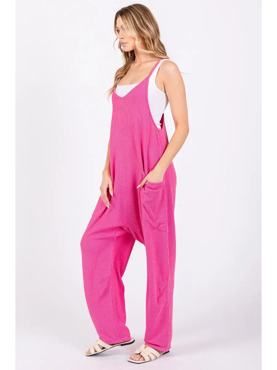 Georgia Ribbed Overall Jumpsuit, pink, pockets, ribbed, sleeveless, comfy