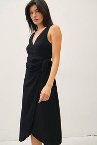 Black Linen Blend Tie-Detail Midi Dress