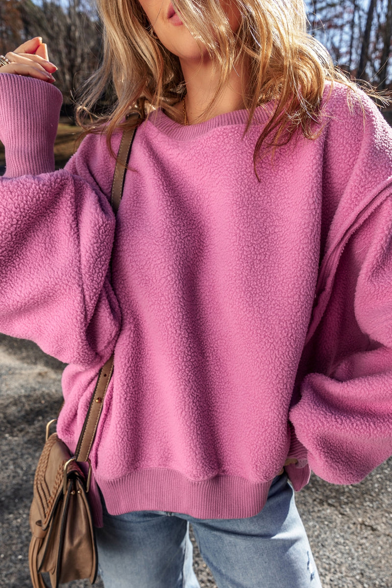 Pink Side Slit Oversized Sherpa Sweatshirt