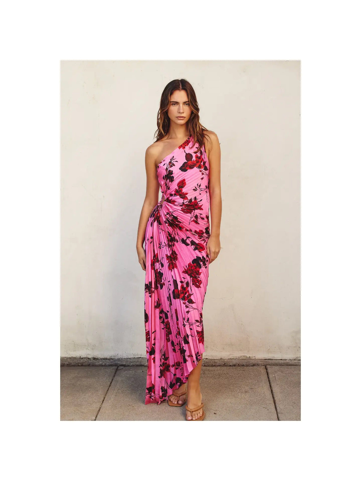 Potential Heartache Asymmetrical Pleated Maxi Dress,pink,red, one sleeve, open side, flower, summer, spring