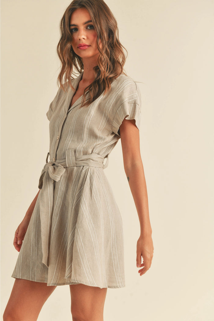 Linen Buttondown Stripe Pattern Shirt Dress