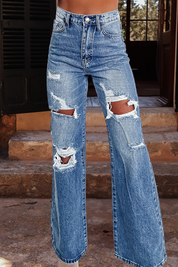 Acid Wash Distressed Wide Leg High Waist Jeans