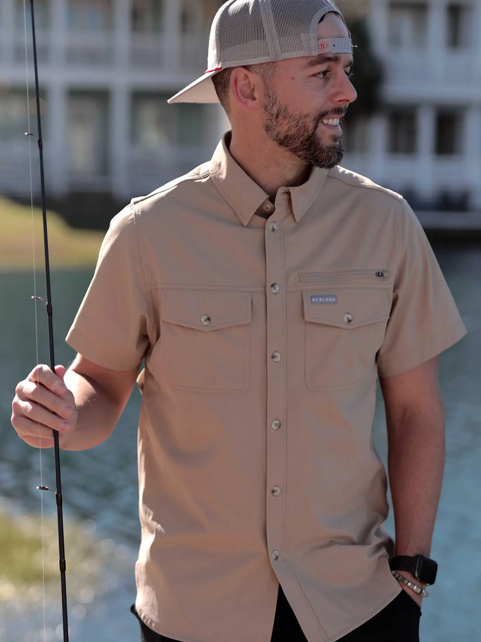 Performance Fishing Shirt - Cobblestone, button up, collard, short sleeve, fishing, lake, pockets, sunglass cloth