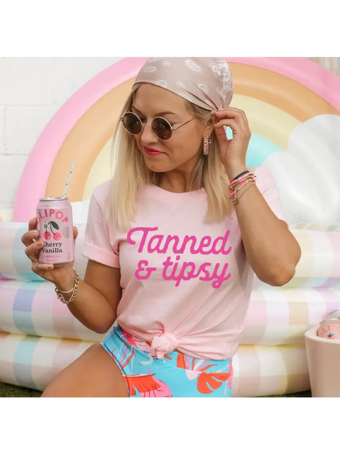 Tanned and Tipsy Graphic Tee, pink, summer, short sleeve, crewneck, slim, slim fit, drink, funny, cute 