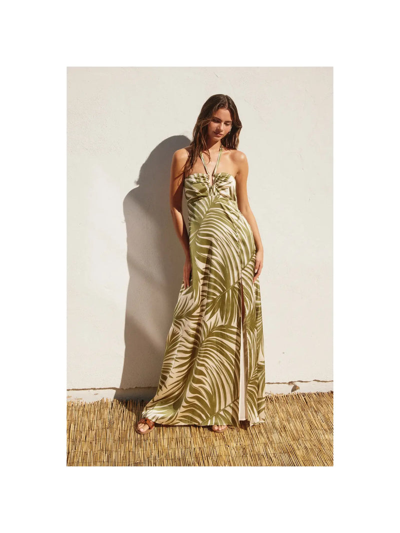 Tropical Adventures Halter Neck Maxi Dress, green palm, slit, halter top, summer, spring