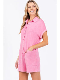 Winny Romper, pink, black, short sleeve, button, collar, pockets, comfy, super soft, cozy, spring, summer, casual
