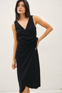 Black Linen Blend Tie-Detail Midi Dress