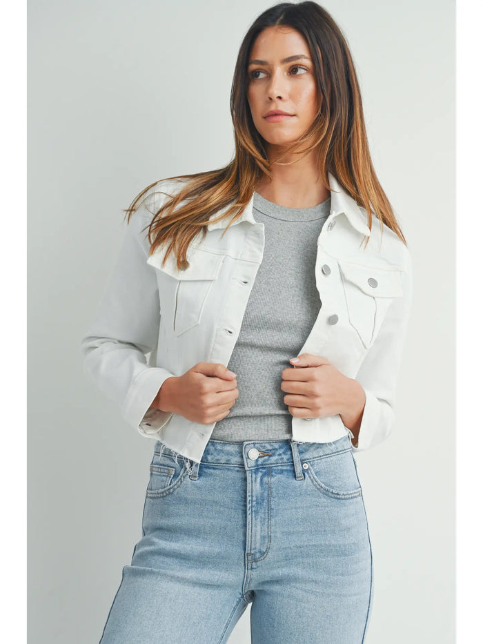 White Frayed Denim Jacket, distressed, layer, white, jean, denim, jean jacket, verastile, pockets