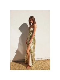 Tropical Adventures Halter Neck Maxi Dress, green palm, slit, halter top, summer, spring