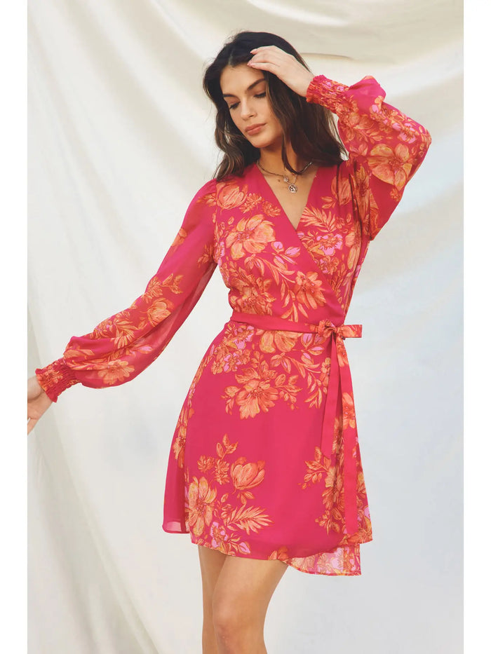 High Roller Long Sleeve Mini Wrap Dress, front tie, lined, cuffed sleeves, pink, orange, long sleeve, v-nevk, mini dress, summer, floral 
