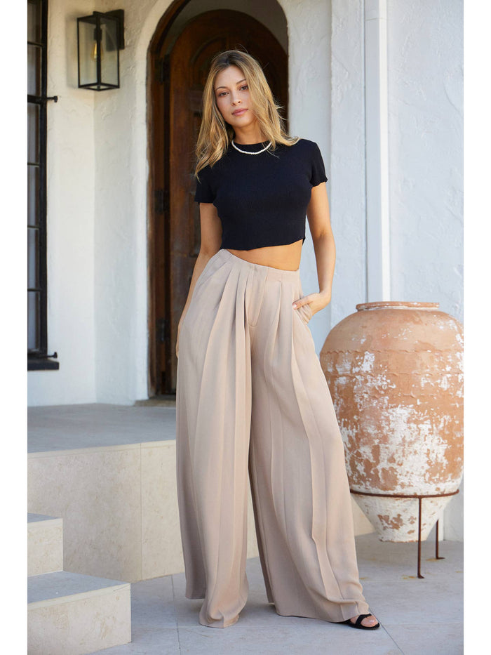 Tina | Toffee Pleated Wide Pants