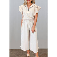 Textured Ruffled Sleeve Zipped Top & Pants Set