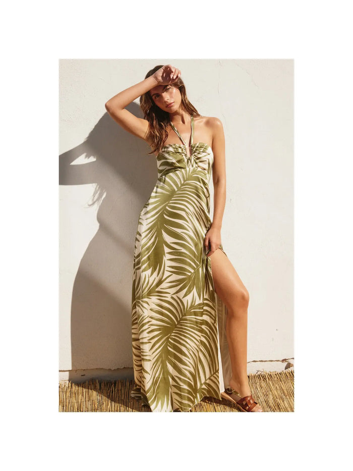 Tropical Adventures Halter Neck Maxi Dress, green palm, slit, halter top, summer, spring