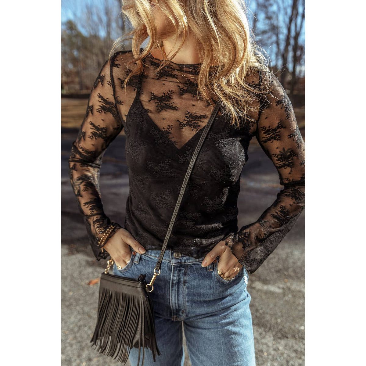 Grace Lace Mesh Crochet Long Sleeve Blouse