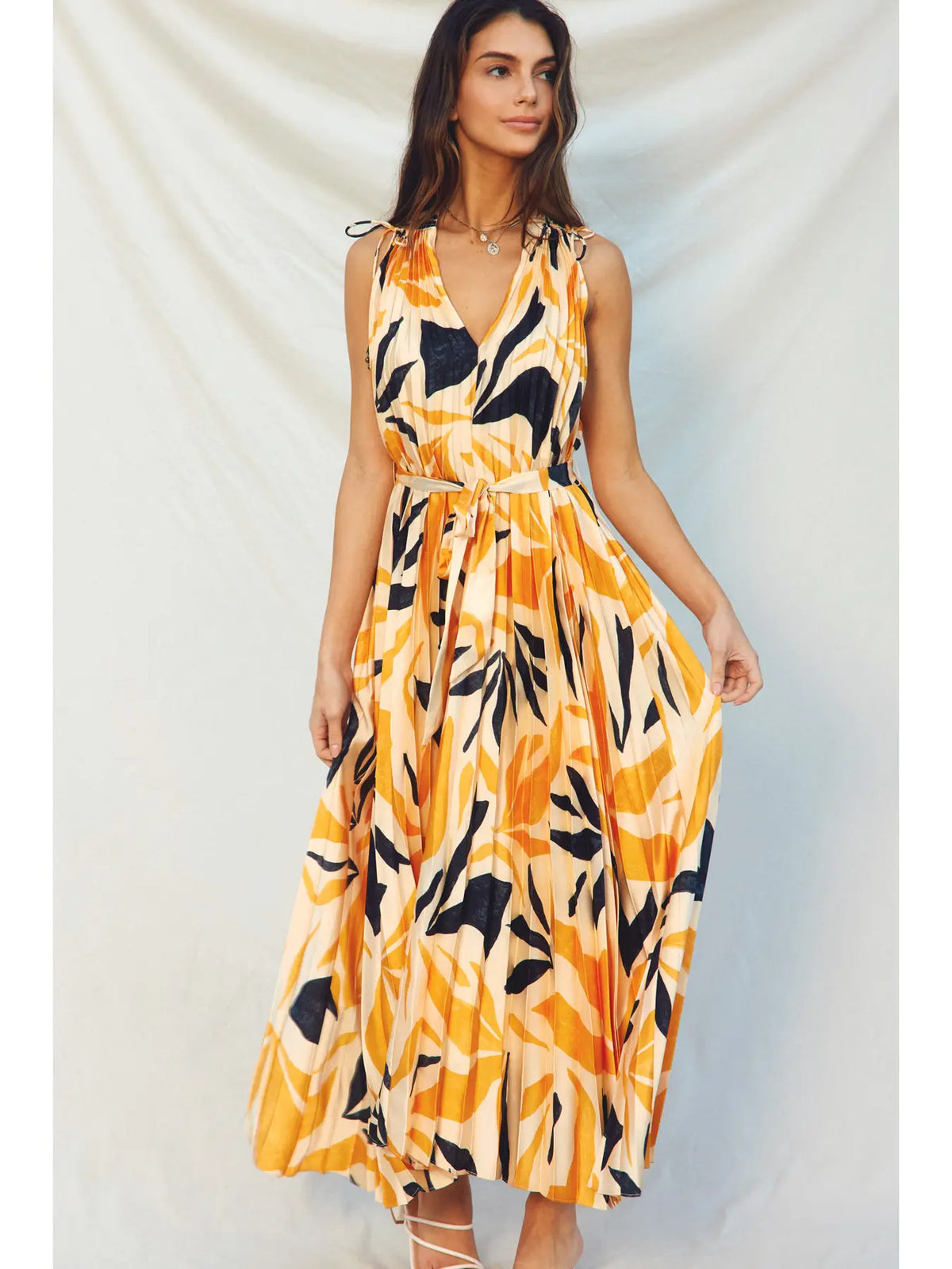 Malibu Plunging Satin Pleated Maxi Dress, tie, black, yellow, orange, v neck, strapless, summer, spring