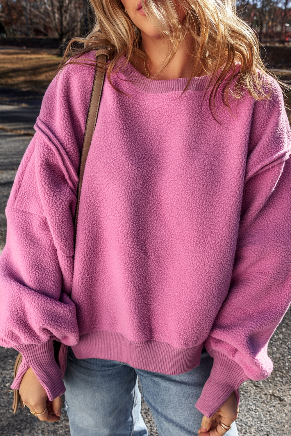 Pink Side Slit Oversized Sherpa Sweatshirt