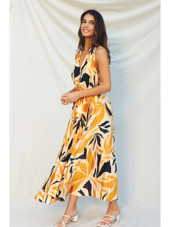 Malibu Plunging Satin Pleated Maxi Dress, tie, black, yellow, orange, v neck, strapless, summer, spring