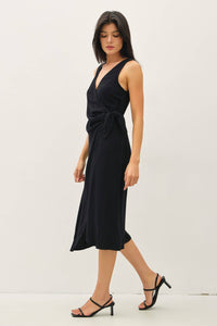 Black Linen Blend Tie-Detail Midi Dress