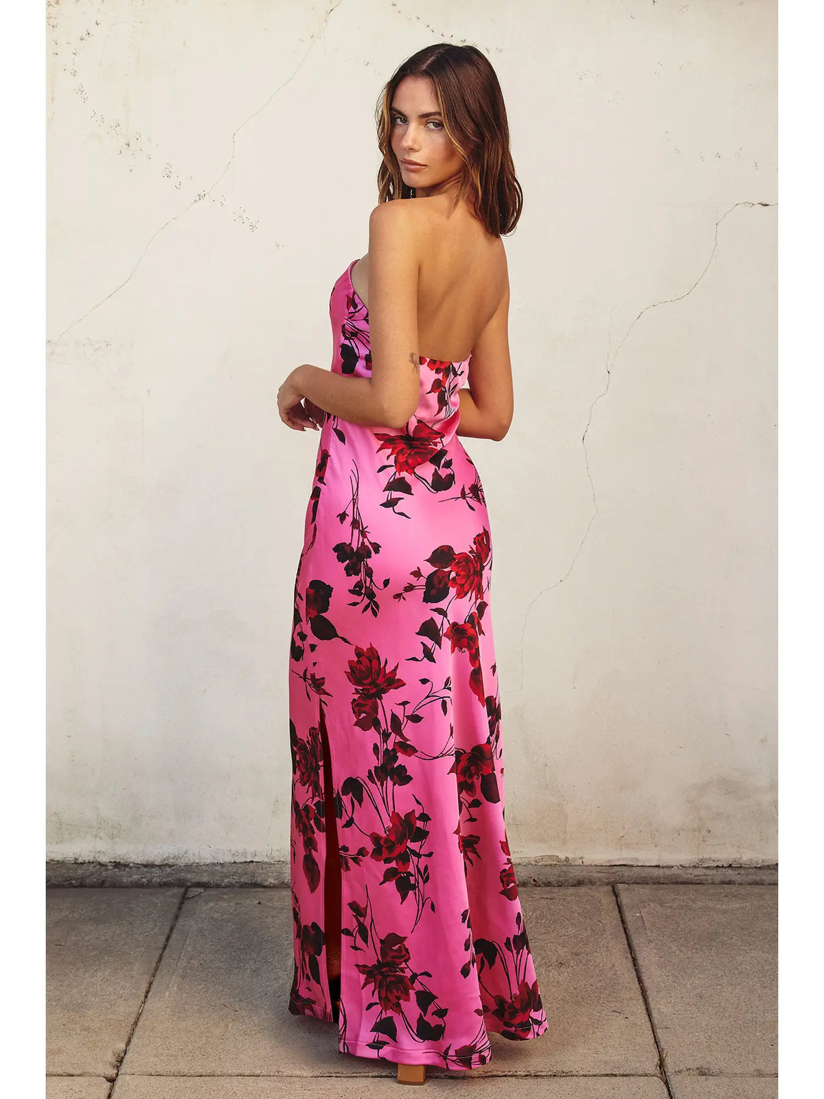 Potential Heartache Strapless Bias Cut Maxi Dress, pink, flower summer, side slit, strapless, red, silk