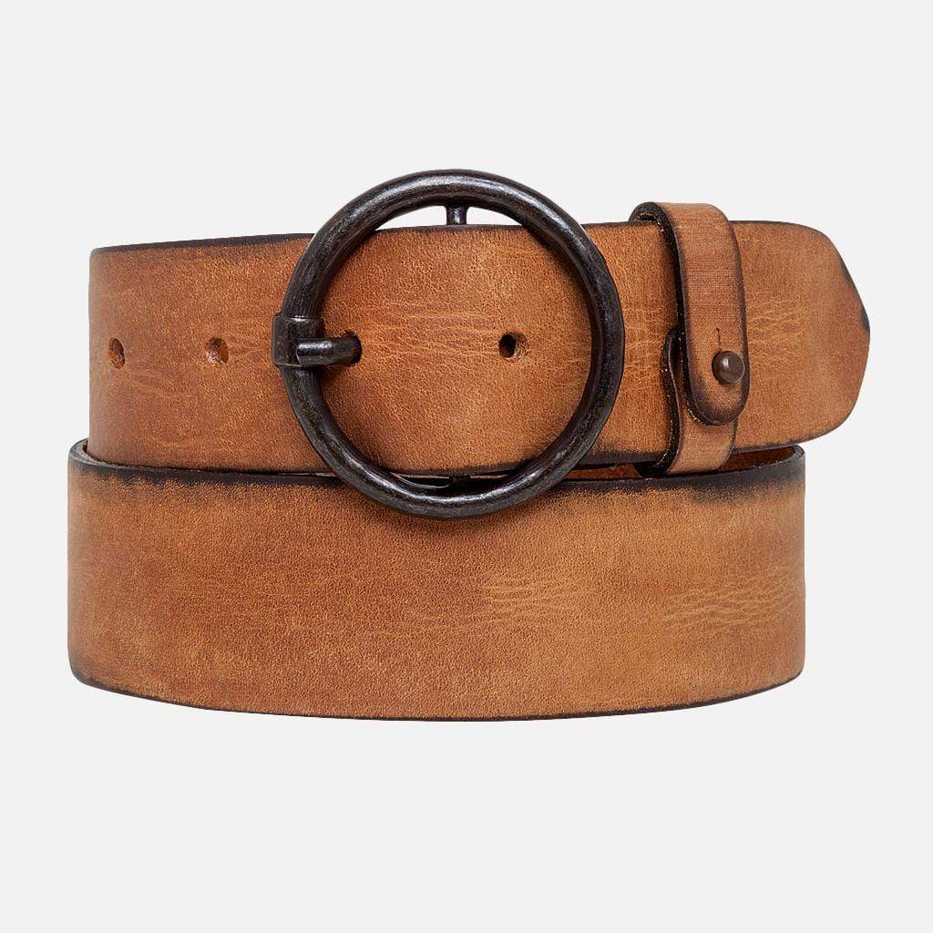 Amsterdam Heritage Pip | Black Vintage Round Buckle Leather Belt Cognac