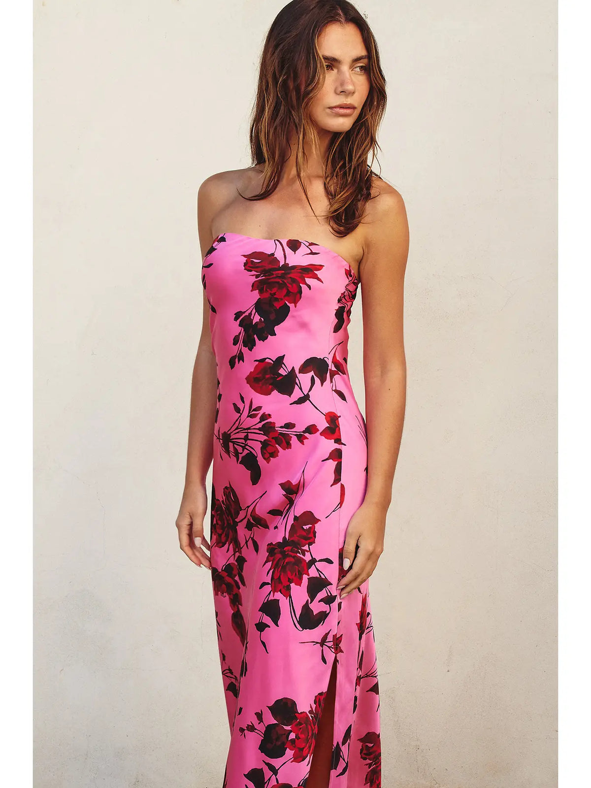 Potential Heartache Strapless Bias Cut Maxi Dress, pink, flower summer, side slit, strapless, red, silk