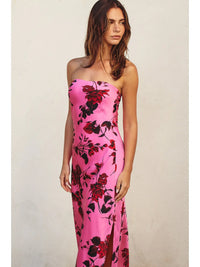 Potential Heartache Strapless Bias Cut Maxi Dress, pink, flower summer, side slit, strapless, red, silk