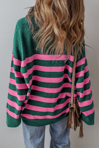 Stripe Collared Quarter Zipper Oversized Sweater