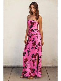 Potential Heartache Strapless Bias Cut Maxi Dress, pink, flower summer, side slit, strapless, red, silk