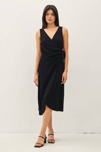 Black Linen Blend Tie-Detail Midi Dress