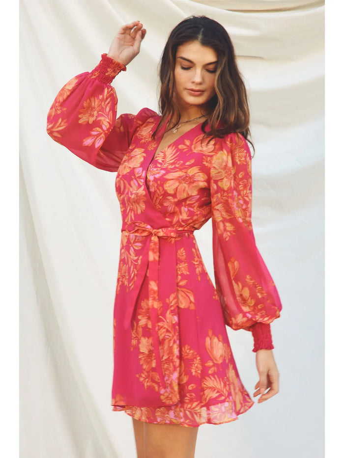 High Roller Long Sleeve Mini Wrap Dress, front tie, lined, cuffed sleeves, pink, orange, long sleeve, v-nevk, mini dress, summer, floral