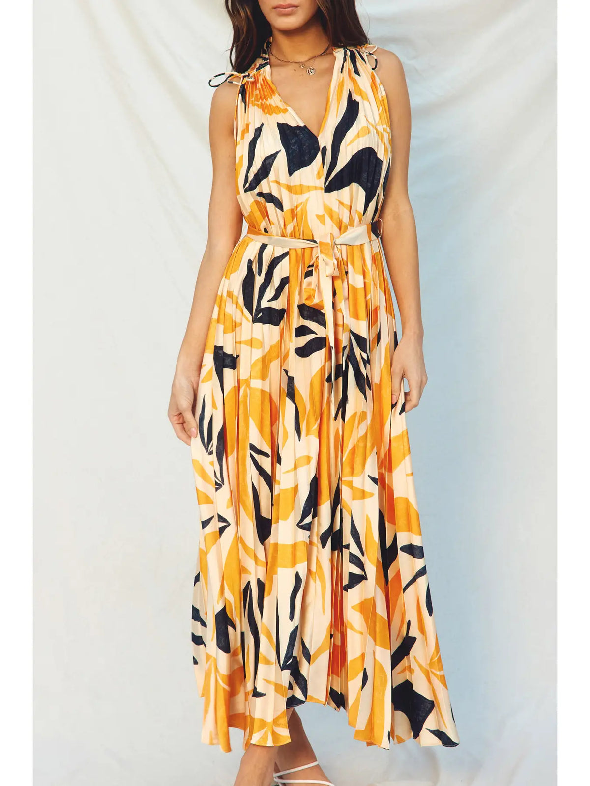 Malibu Plunging Satin Pleated Maxi Dress, tie, black, yellow, orange, v neck, strapless, summer, spring