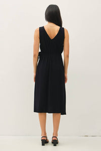 Black Linen Blend Tie-Detail Midi Dress